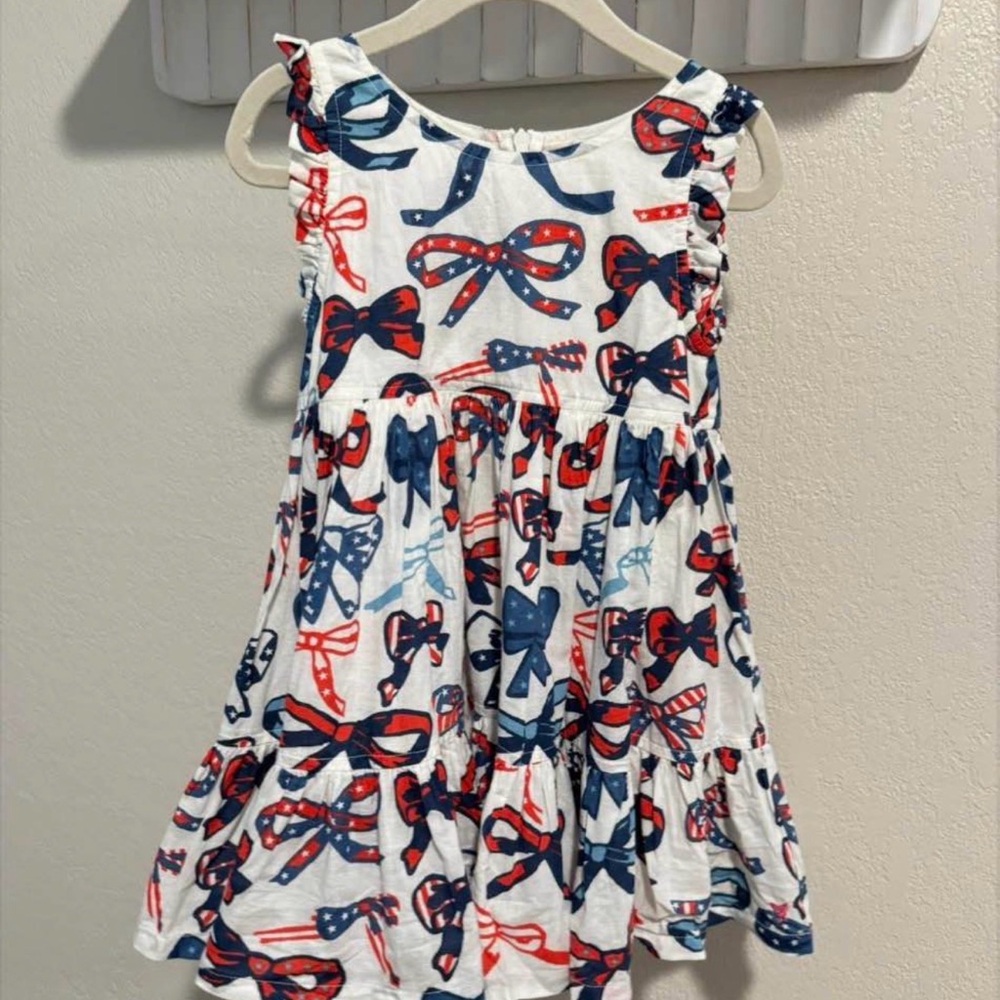 Pink Chicken White Dress with Red & Blue Bow Print